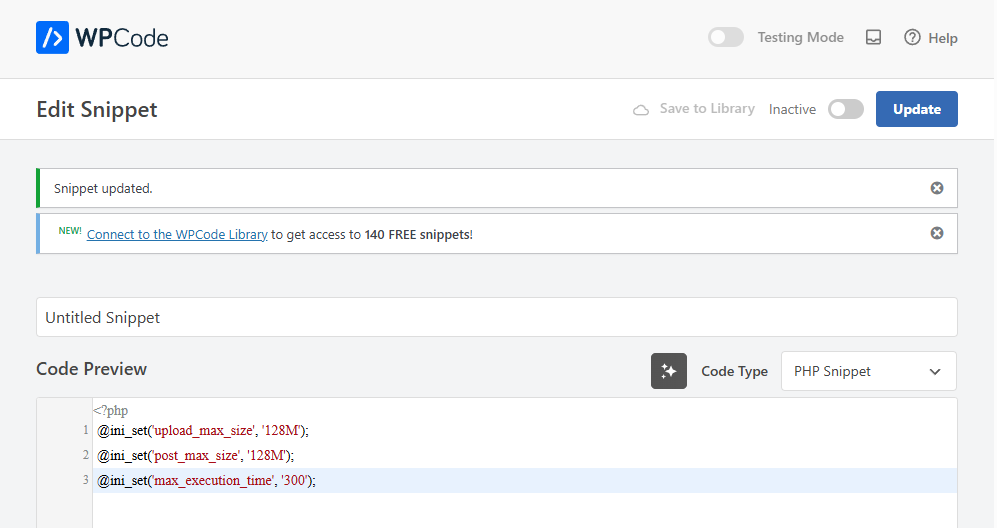 WP Code snippets to increase maximum file upload size