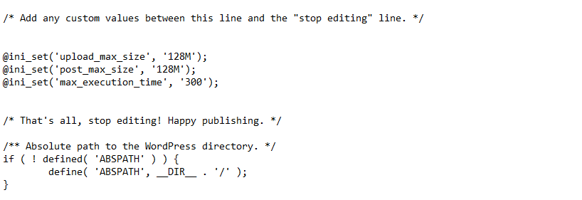 Entering custom code to wp-config.pho file to increase maximum file upload size