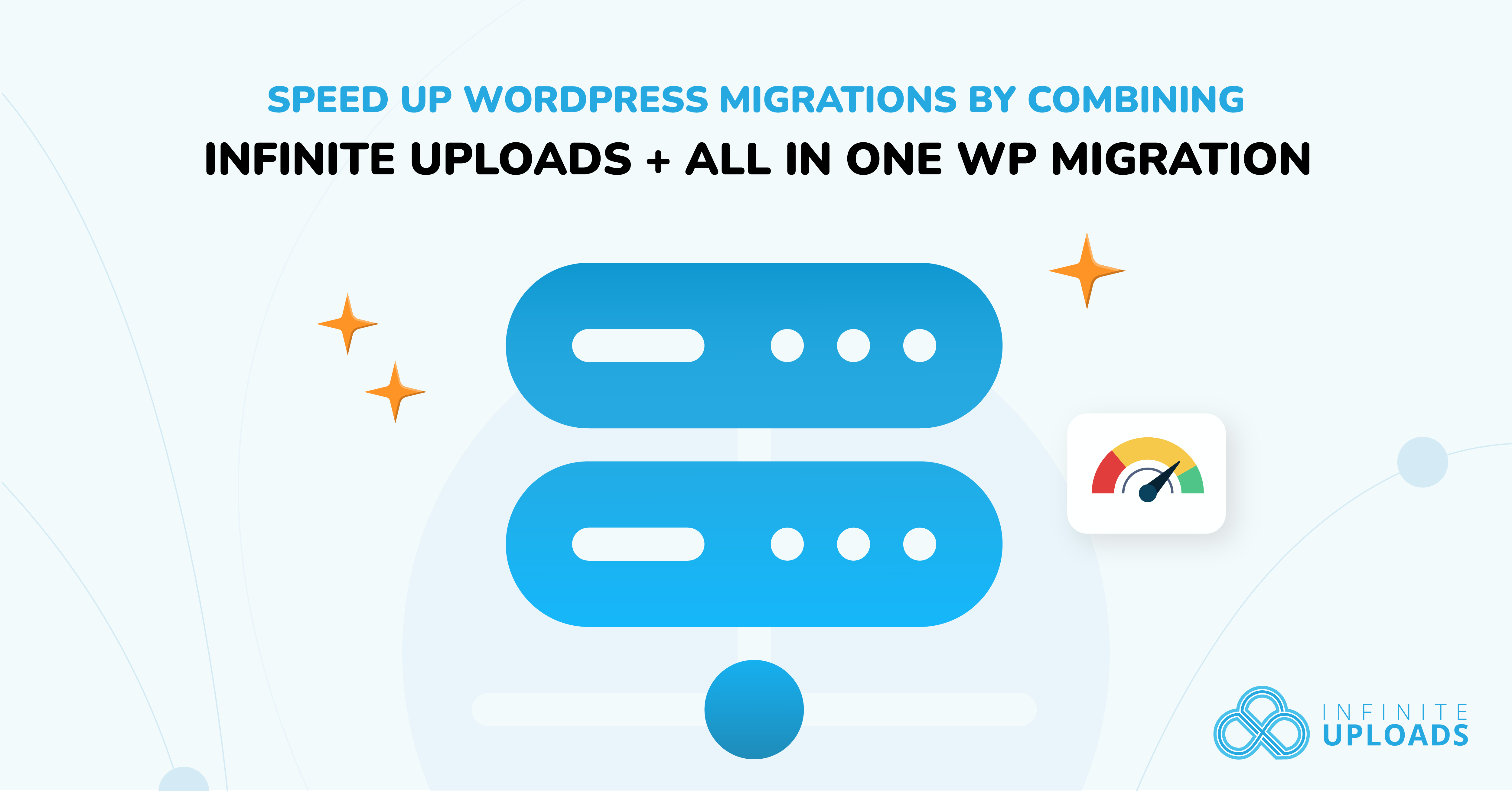 Illustration of server icons with text promoting WordPress migration speed, blue theme.