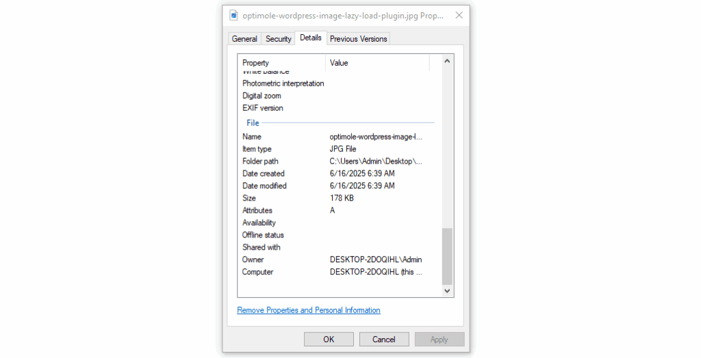 remove image exif metadata to optimize WordPress images