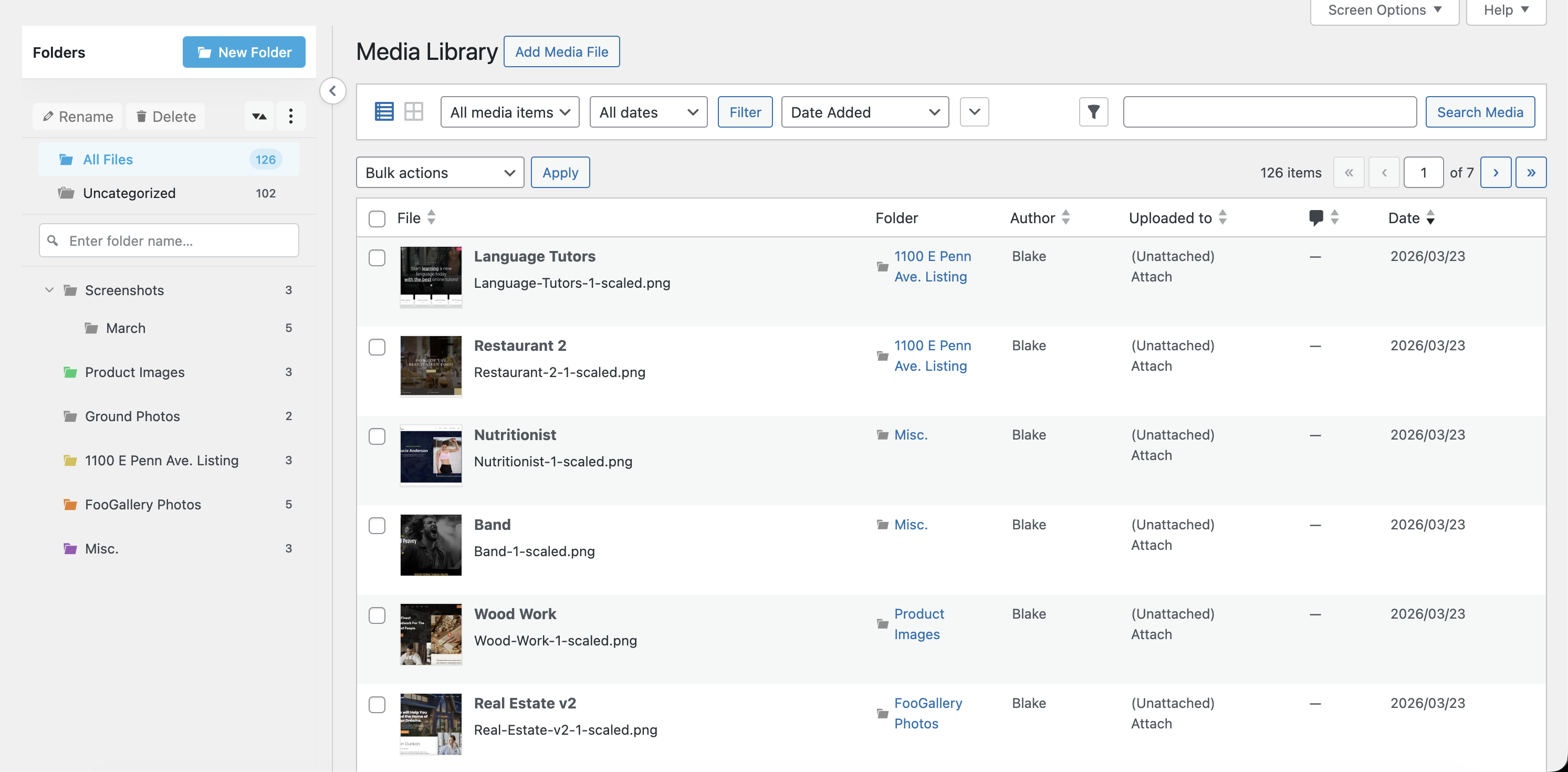 Screenshot of a media library interface showing file details and folders.