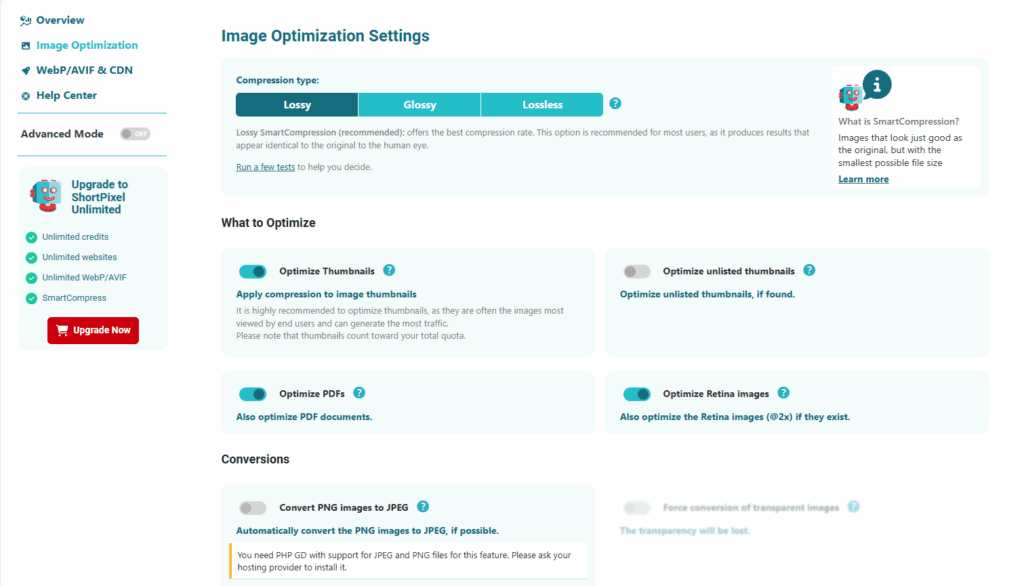 Shortpixel image optimizer settings to optimize images for WordPress