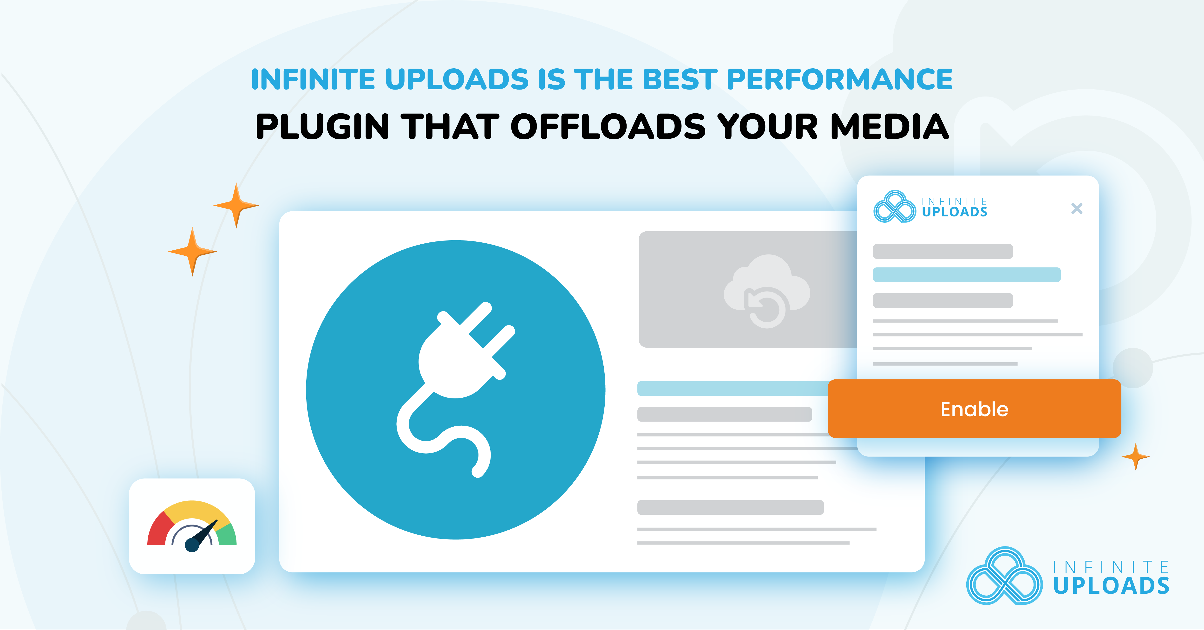 Illustration of plugin icon with text "Infinite Uploads" and "Enable" button.