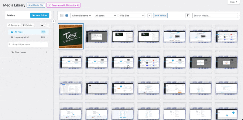 Media library interface displaying multiple image thumbnails, with "Test" text visible.