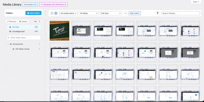 Media library interface screenshot with "Test" image, folders, and Elementor AI button.