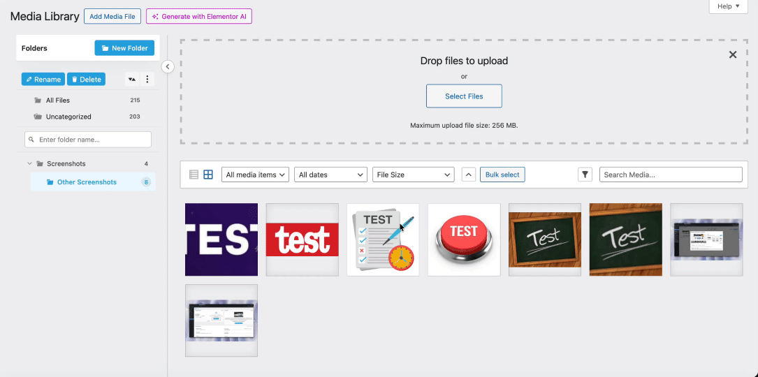 WordPress media library screenshot displaying test images and file upload options.