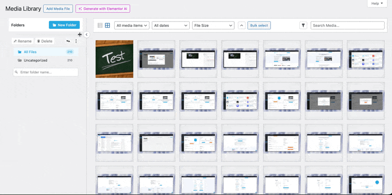 WordPress media library screenshot showing image thumbnails and "Test" text on chalkboard.