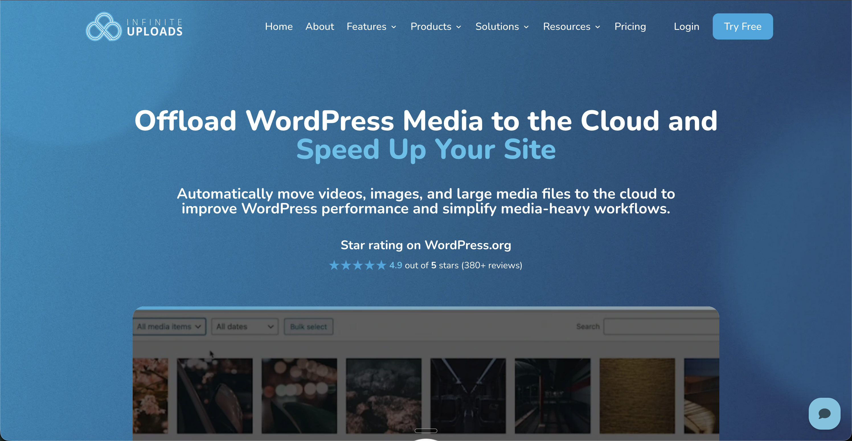 Blue website screenshot promoting cloud media offloading with "Infinite Uploads" logo.