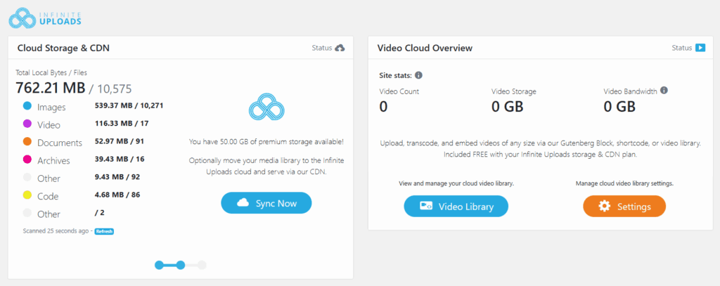 Infinite Uploads dashboard