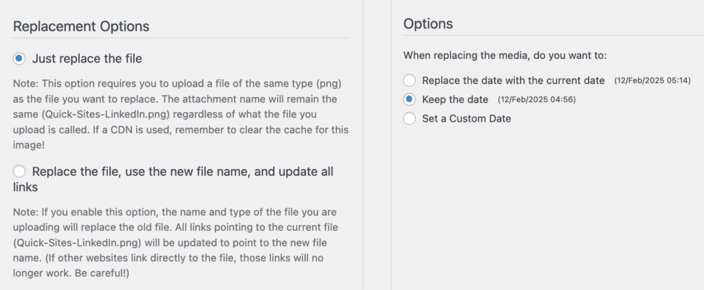 media replacement setting for the Enable WordPress replace plugin