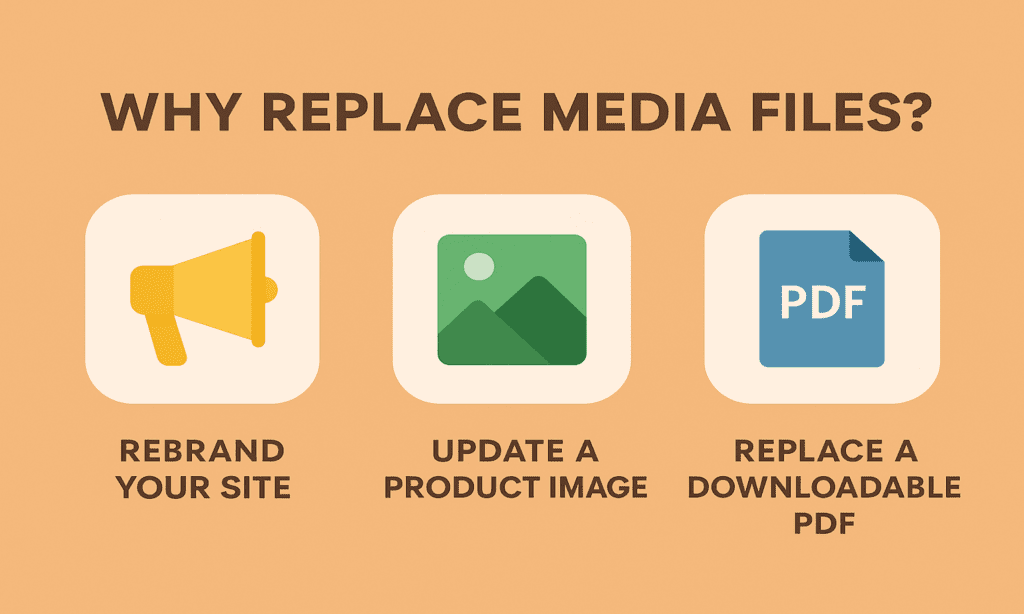 why replace media files in WordPRess, the reasons rebranding, updating product image, replacing a downloadable PDF