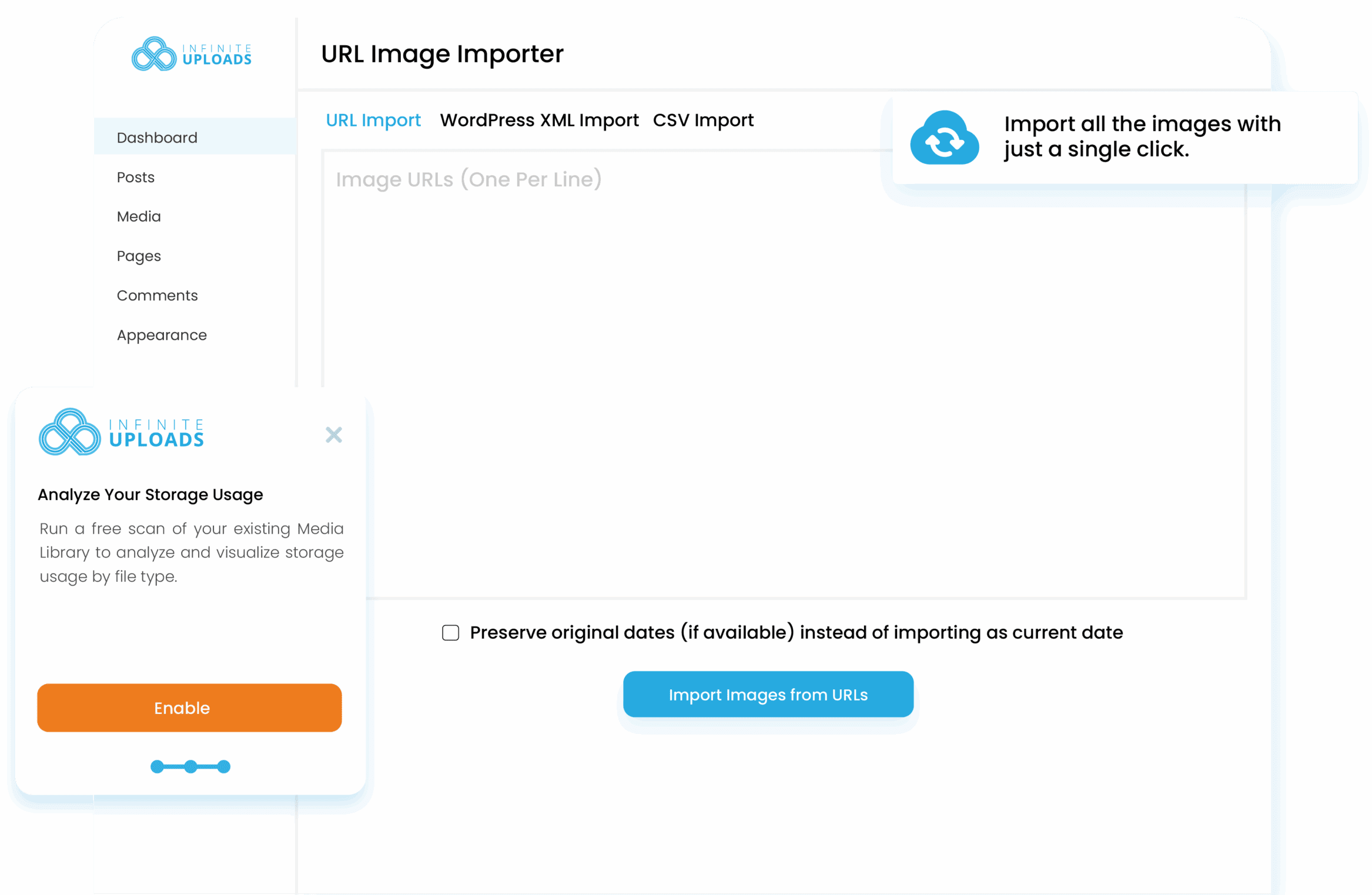 URL Image Importer CSV Import tab showing options to upload a CSV file with image URLs, download sample CSV, import images only, force re-import, and preserve original dates