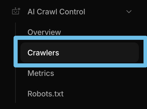 Menu interface highlighting "Crawlers" in blue, with black background, screenshot.