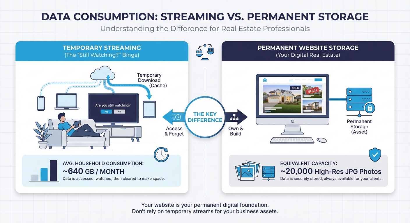 Infographic comparing temporary streaming and permanent storage, featuring blue and white colors.