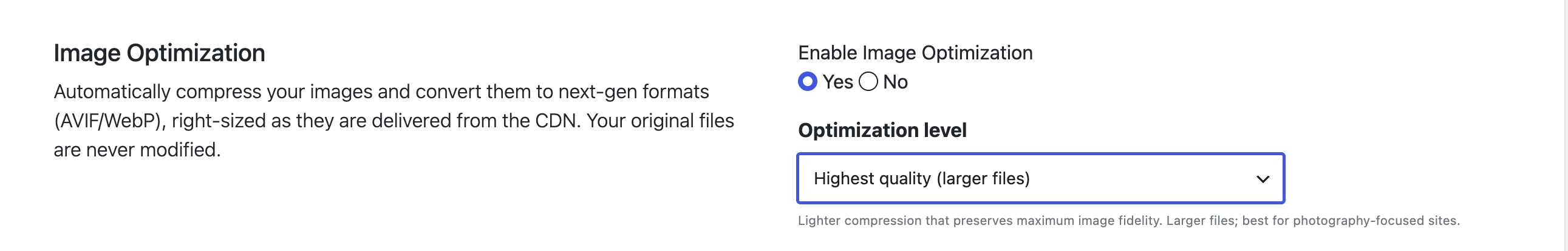 Screenshot of image optimization settings with blue and black text options.