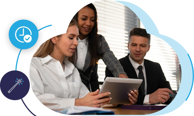 Three professionals discussing tablet content, wearing formal attire, with blue cloud graphics.