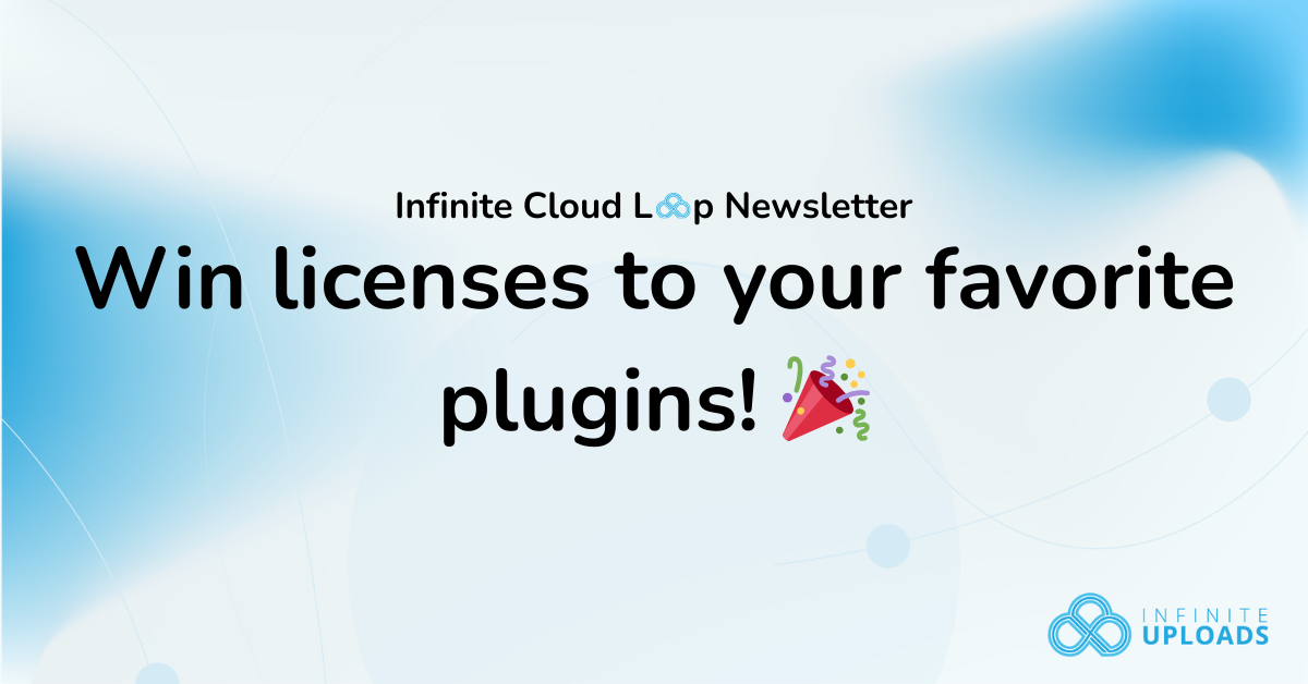 Blue and white graphic promoting plugin licenses with Infinite Uploads logo.