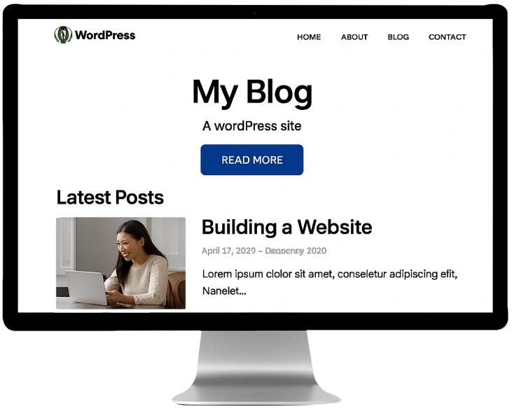Computer screen displaying a WordPress blog homepage with "My Blog" title.