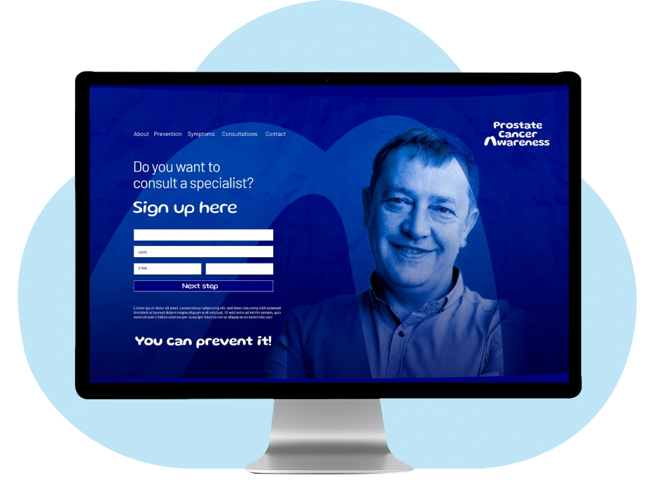 Computer screen displaying prostate cancer awareness website with blue theme and text.