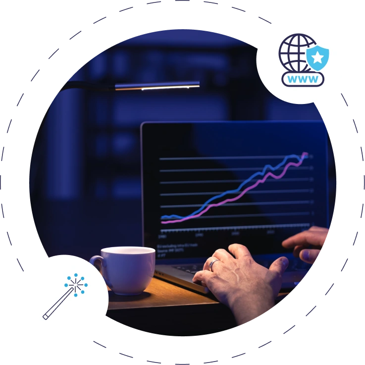 Hands typing on laptop with graphs, blue lighting, photo, WWW logo.