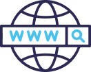 Illustration of a globe with "WWW" and "Q" in blue and gray.