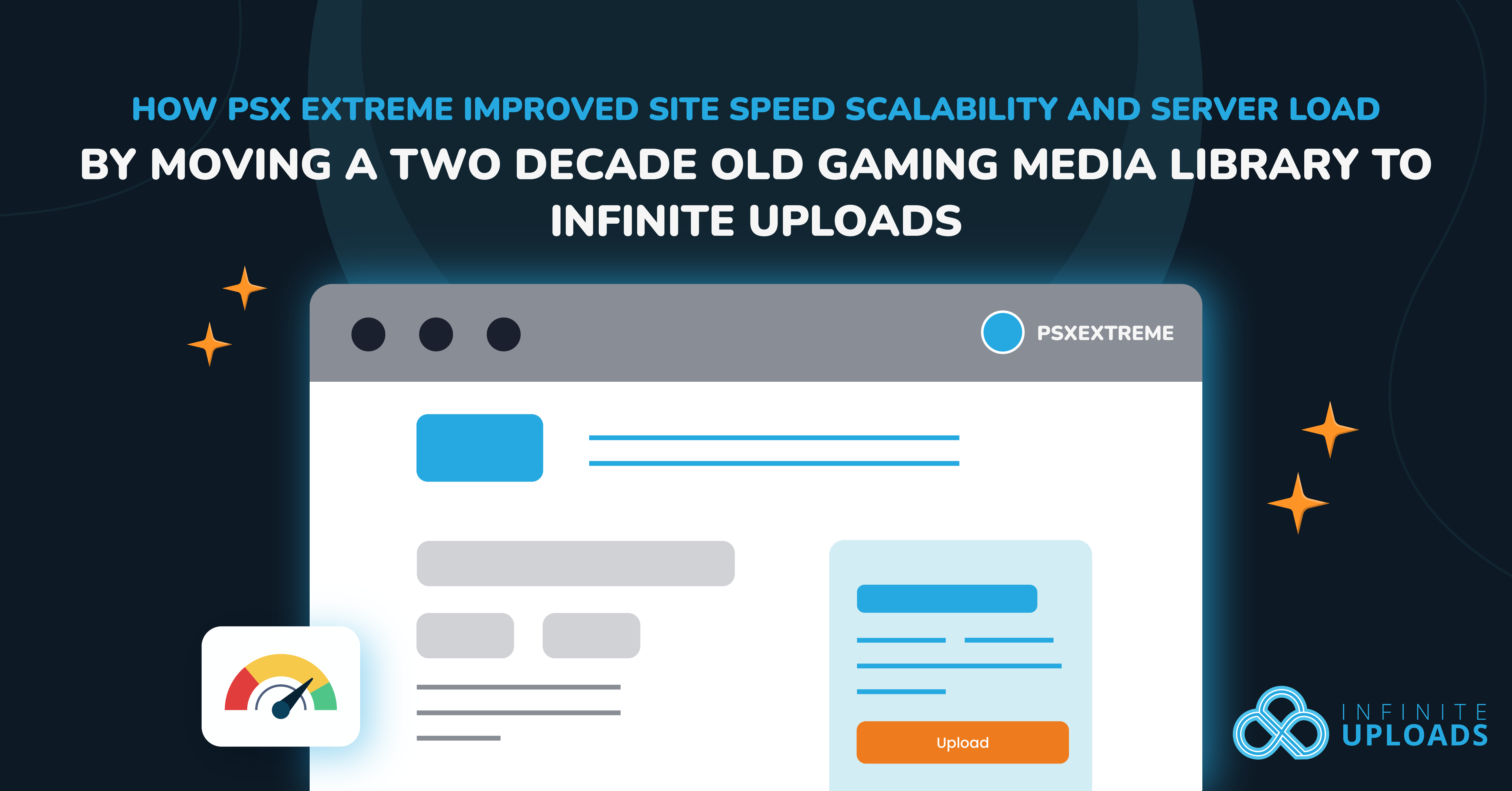 Illustration of a webpage with text about PSX Extreme and Infinite Uploads.
