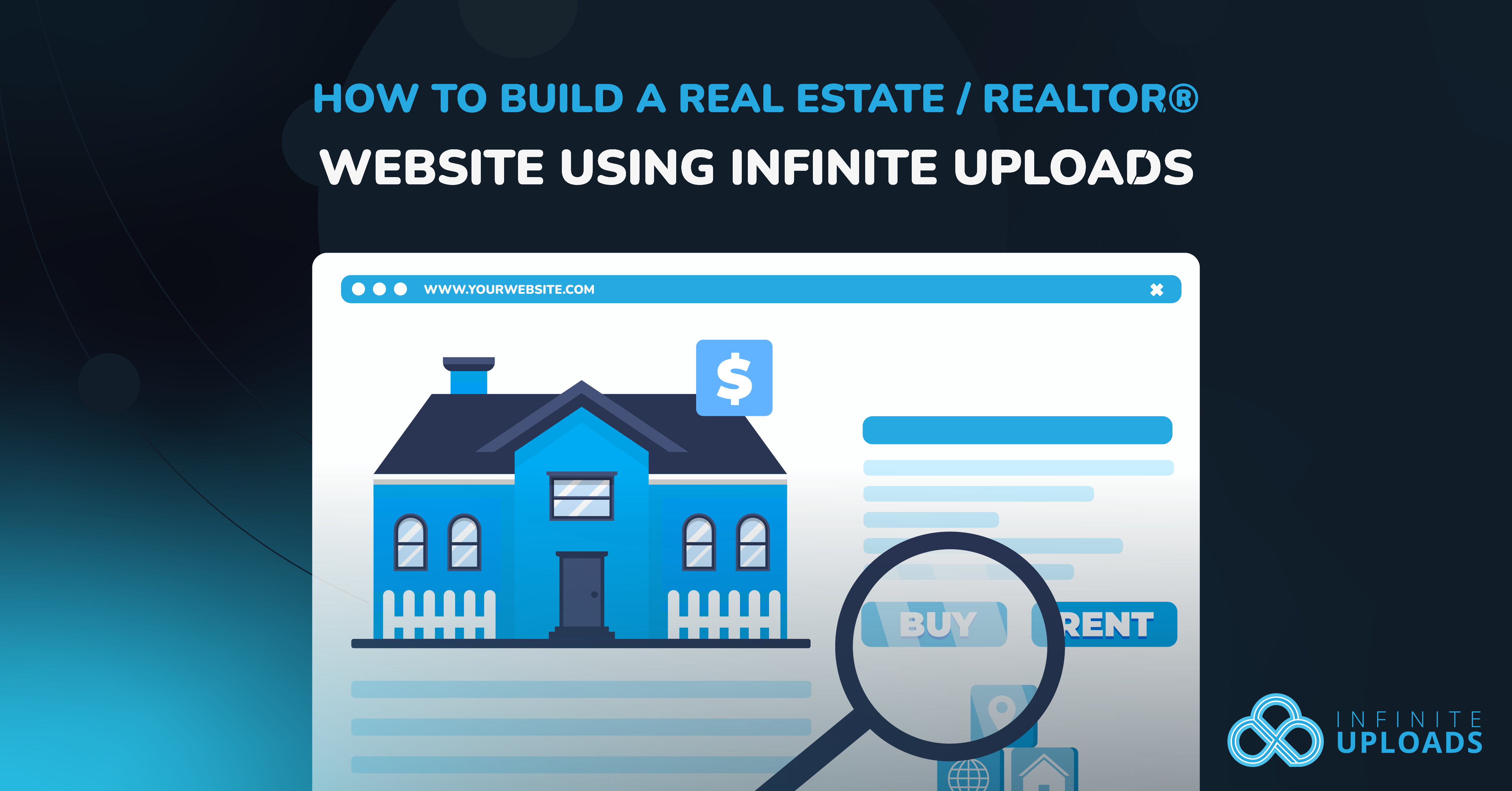 Illustration of a website design with blue house, magnifying glass, Infinite Uploads logo.