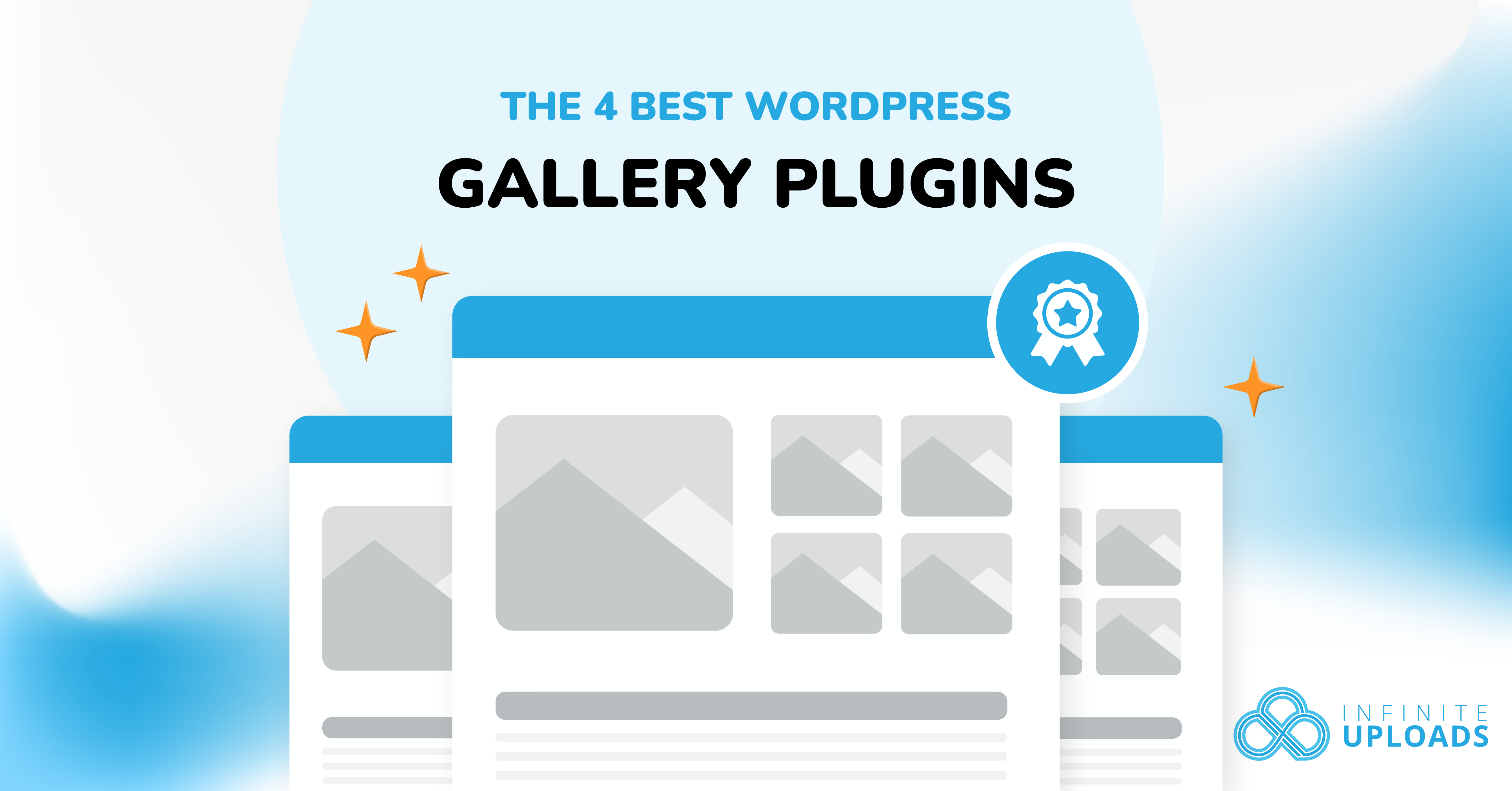 Illustration of WordPress gallery plugins with blue accents and Infinite Uploads logo.