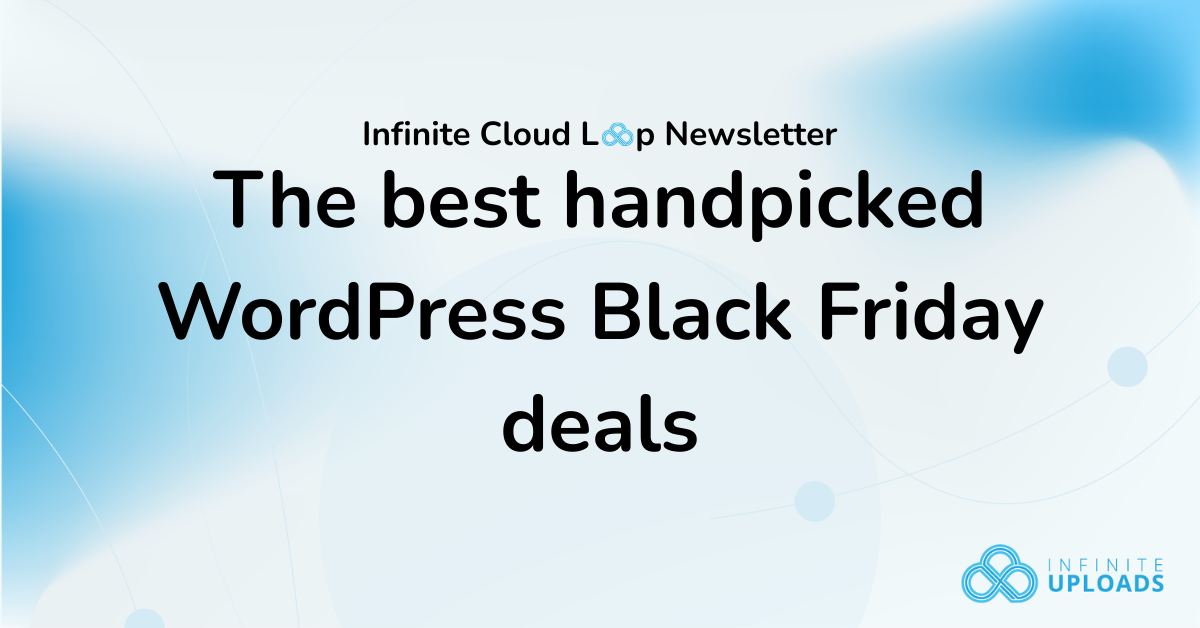 Newsletter image with text promoting WordPress Black Friday deals, blue gradient background.