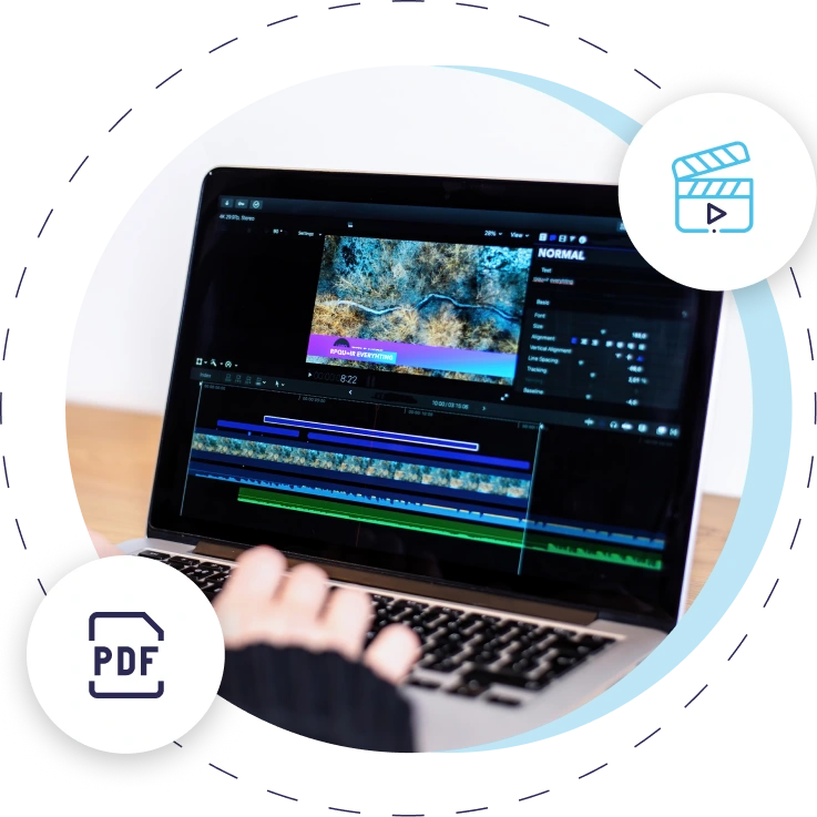 Person editing video on laptop, colorful interface, photo with PDF and clapperboard icons.