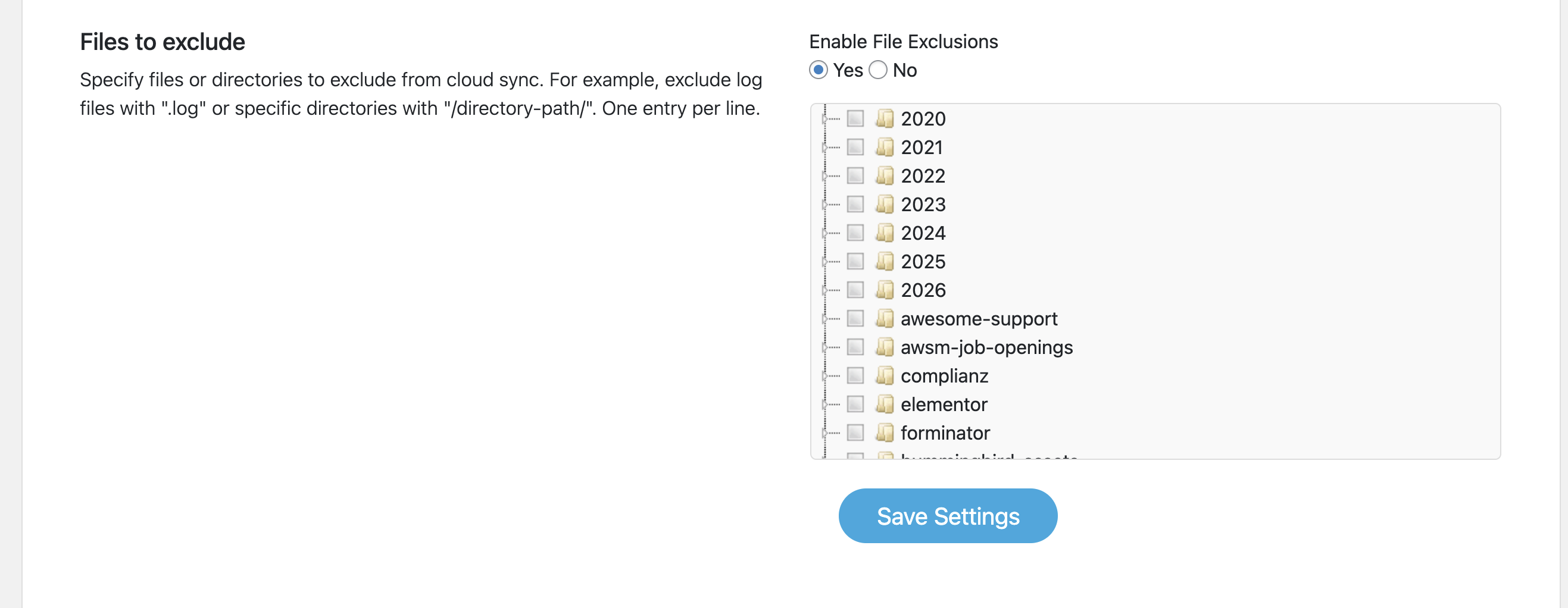 Settings interface screenshot showing file exclusion options with folders and "Save Settings" button.