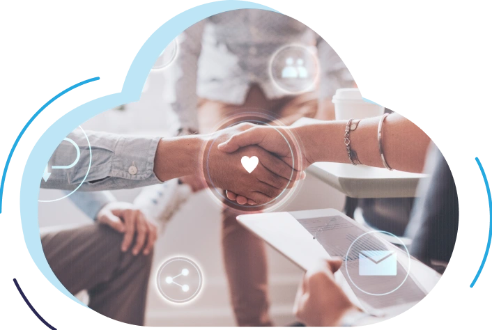 Two people shaking hands with digital icons, in a cloud-shaped photo.