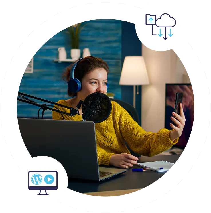 Woman podcasting with microphone, yellow sweater, laptop; cloud and WordPress icons visible.