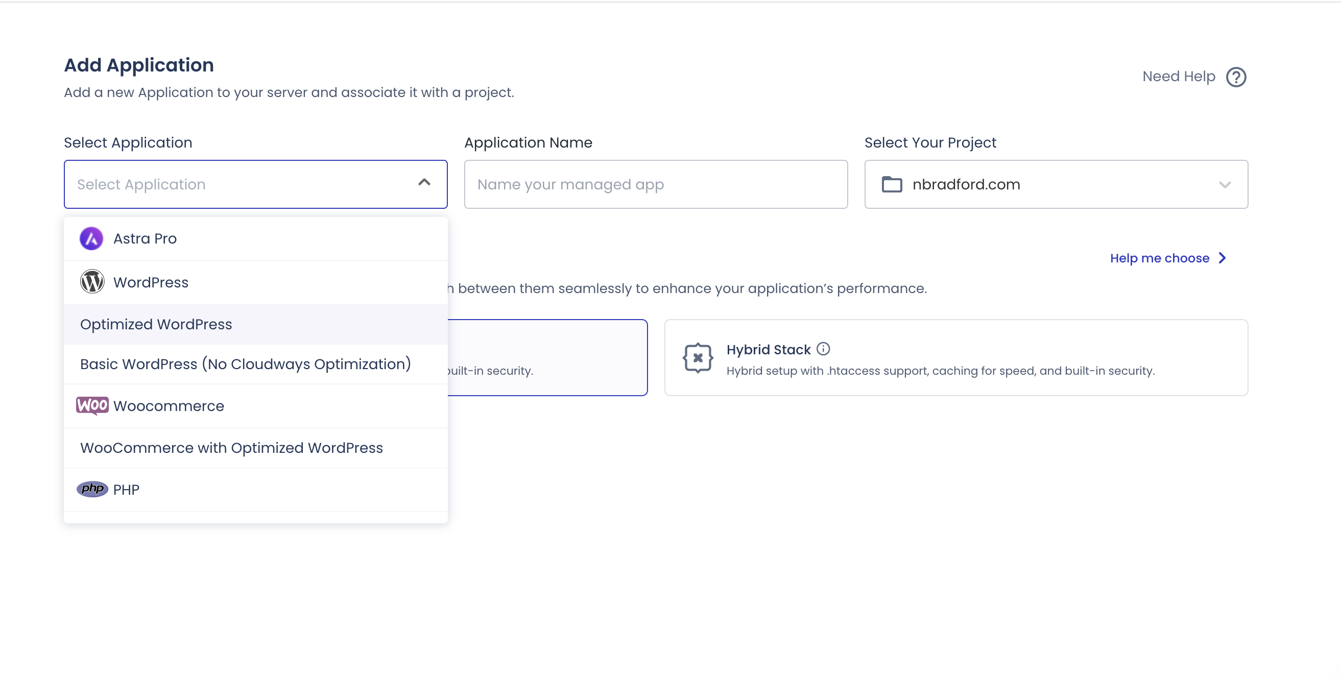 Application selection interface with dropdown options, white background, and Cloudways text/logo.