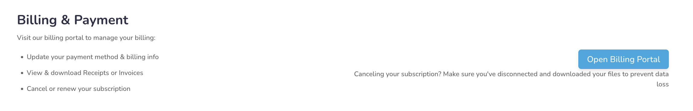 Billing portal instructions with blue "Open Billing Portal" button, white background.