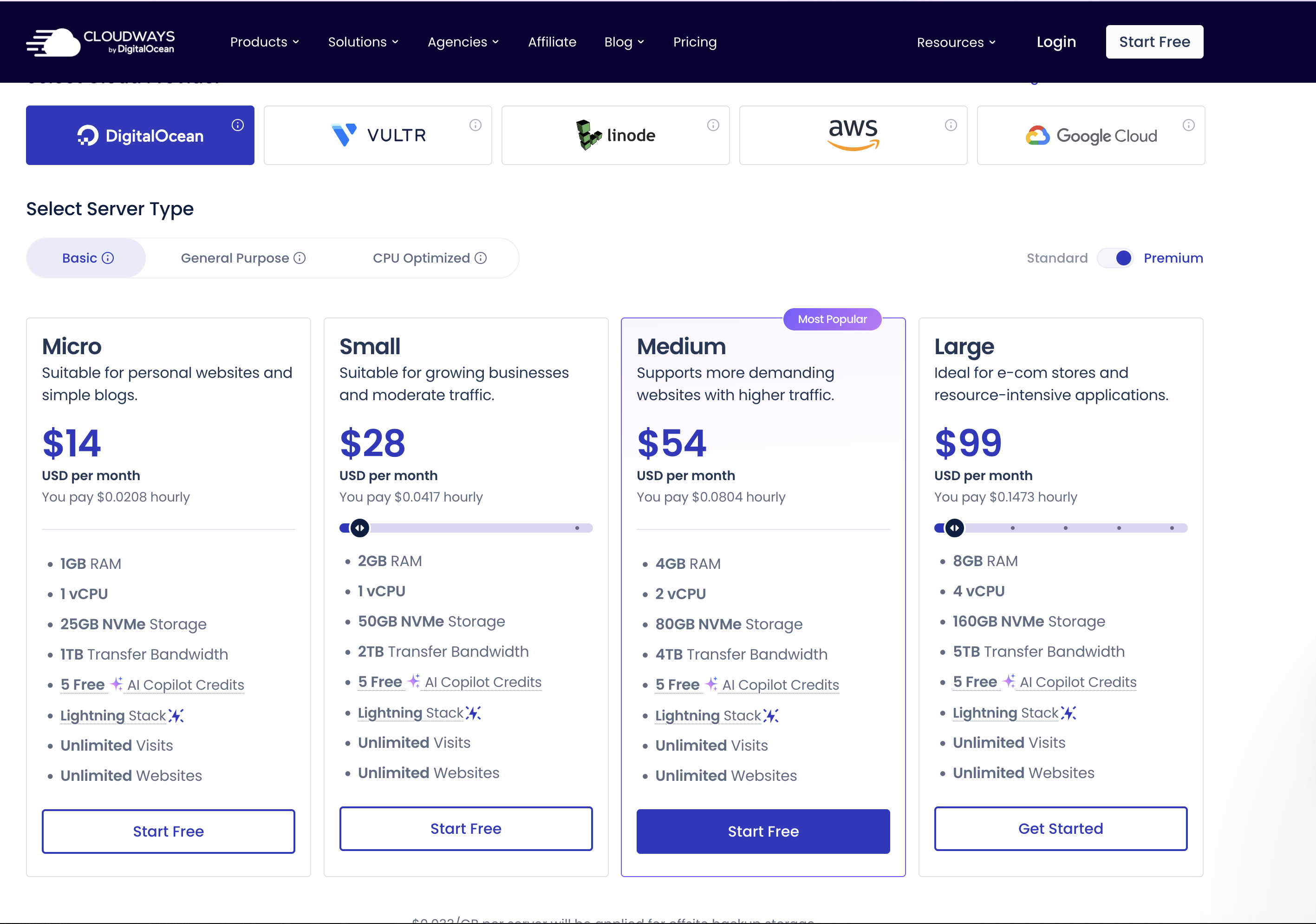 Cloudways pricing plans comparison with logos, featuring blue and purple highlights.