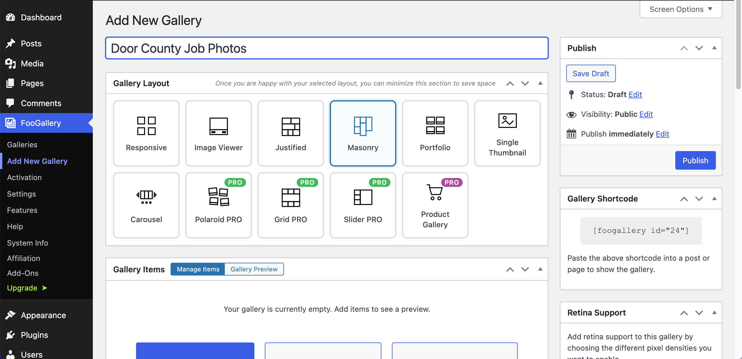 Dashboard screenshot showing "Add New Gallery" with layout options and "FooGallery" text.