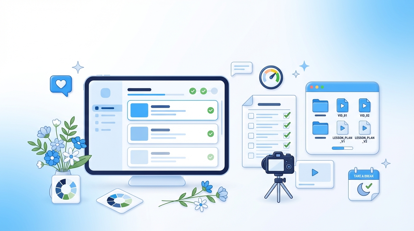 Digital illustration of productivity tools, blue tones, featuring a computer and icons.