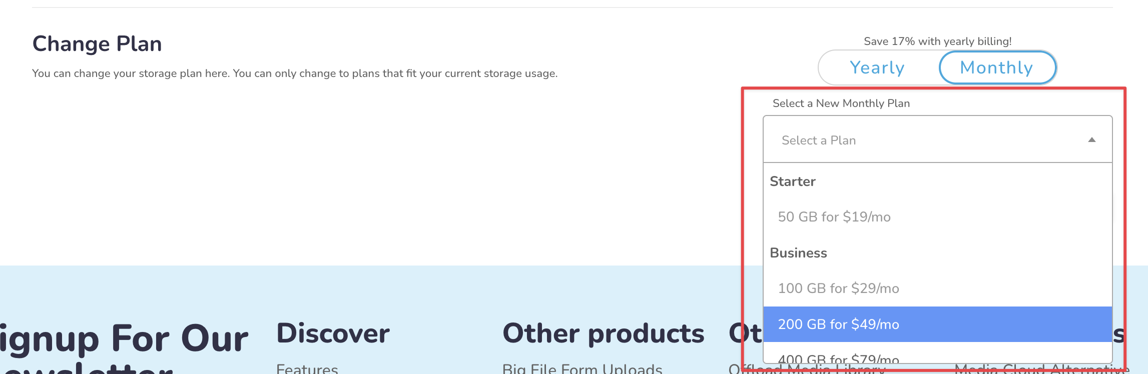 Dropdown menu showing storage plan options, highlighted in red, on webpage.