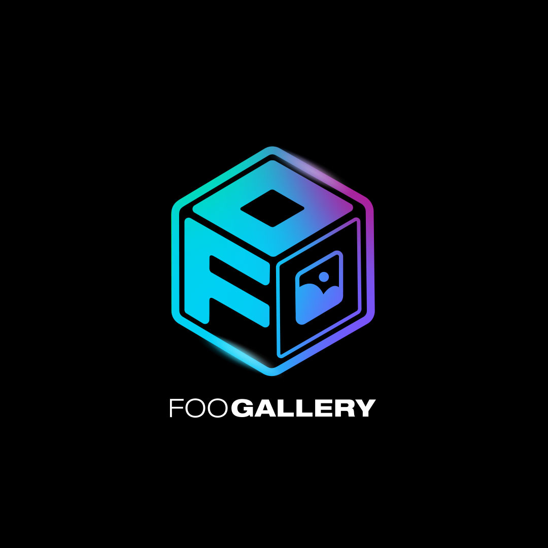 Gradient cube logo with "FOOGALLERY" text, on black background, digital illustration.