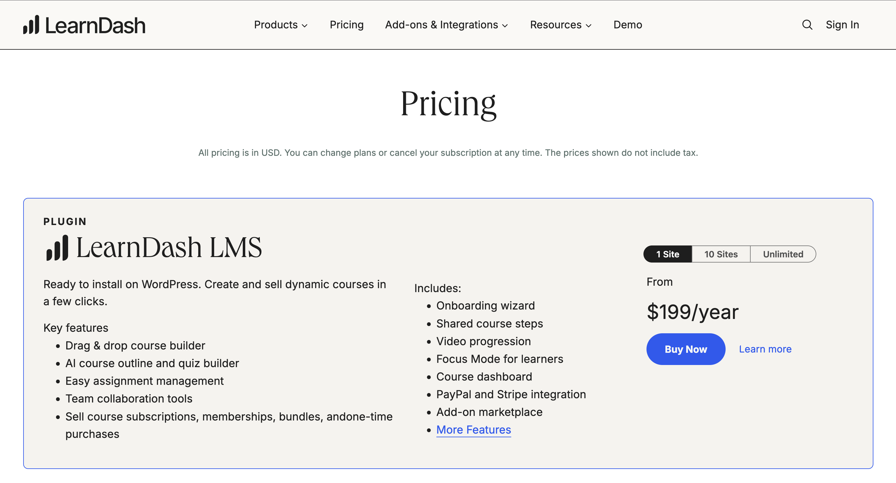 LearnDash LMS pricing page screenshot with features, pricing options, and "Buy Now" button.