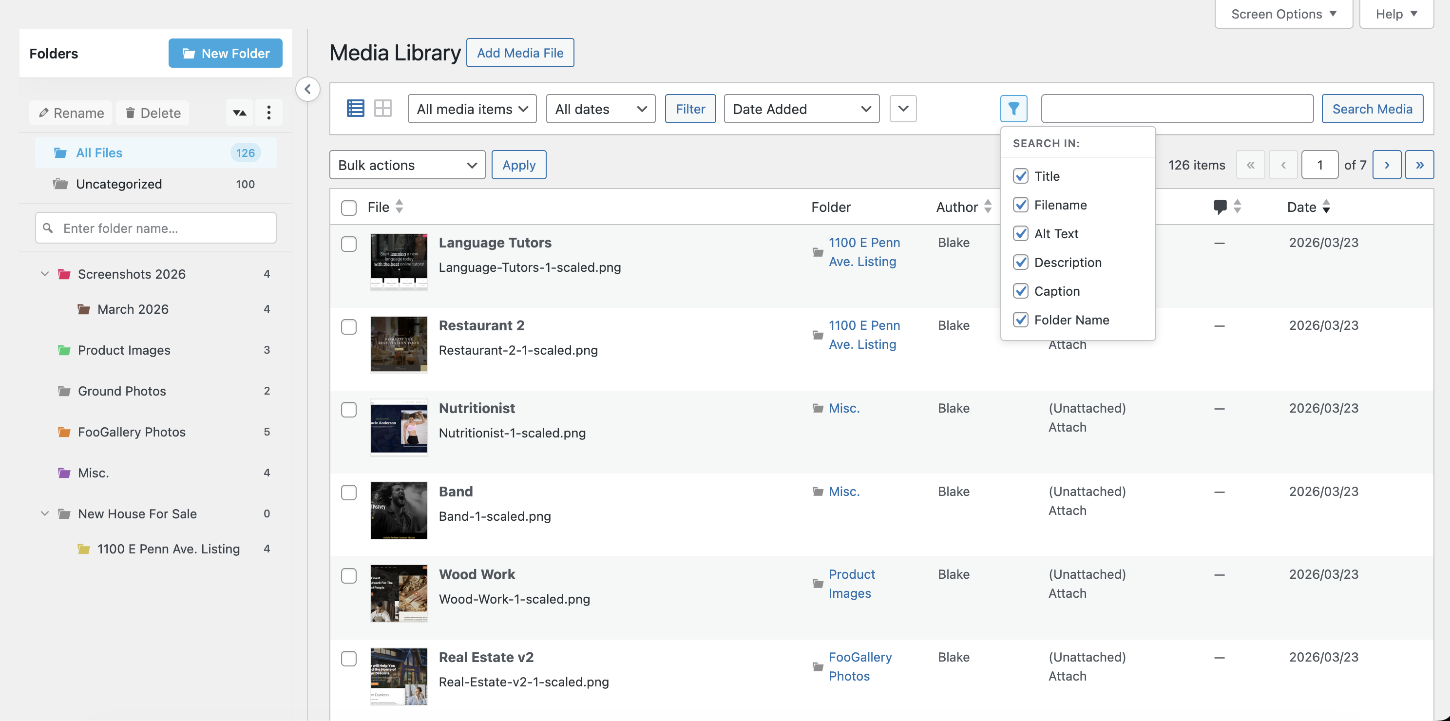 Media library interface displaying file list, folders, and search filters, screenshot.