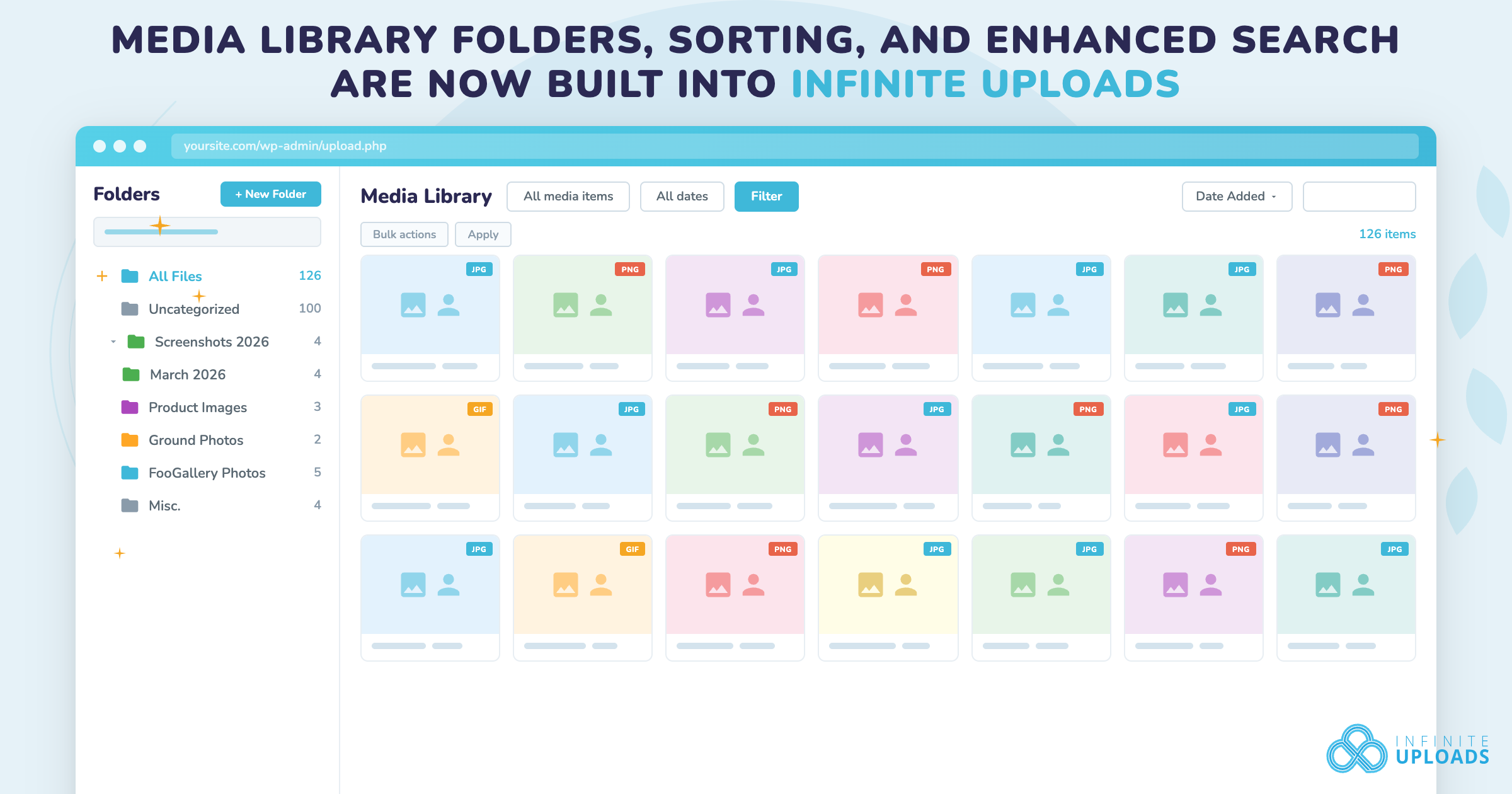 Media library interface screenshot with colorful folders, labeled "Infinite Uploads" logo.