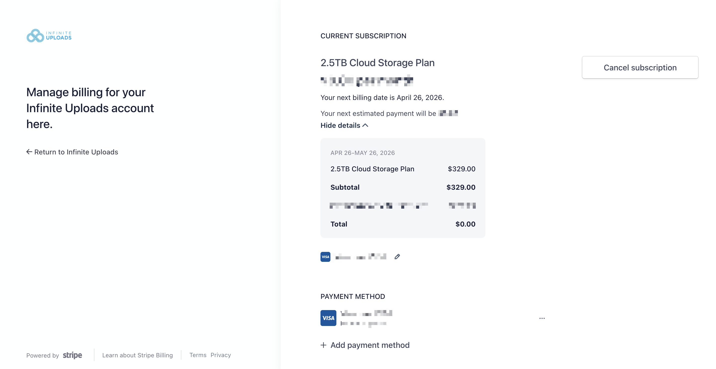 Screenshot of Infinite Uploads billing page showing 2.5TB Cloud Storage Plan details.