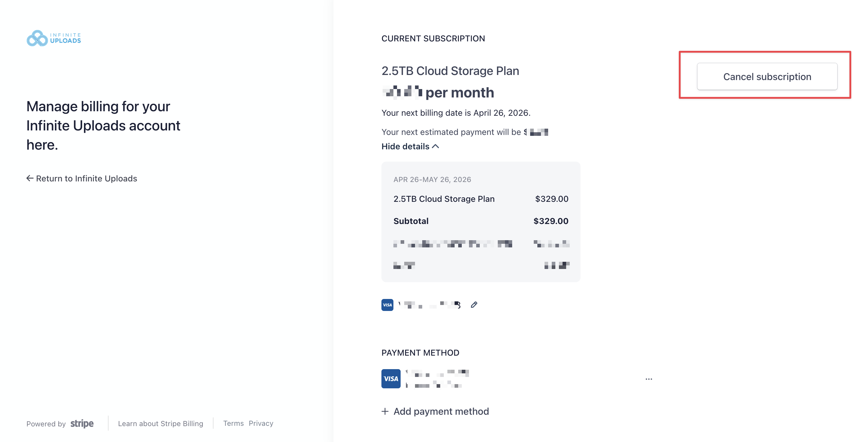 Subscription management page showing billing details, cancel option, and Infinite Uploads logo.