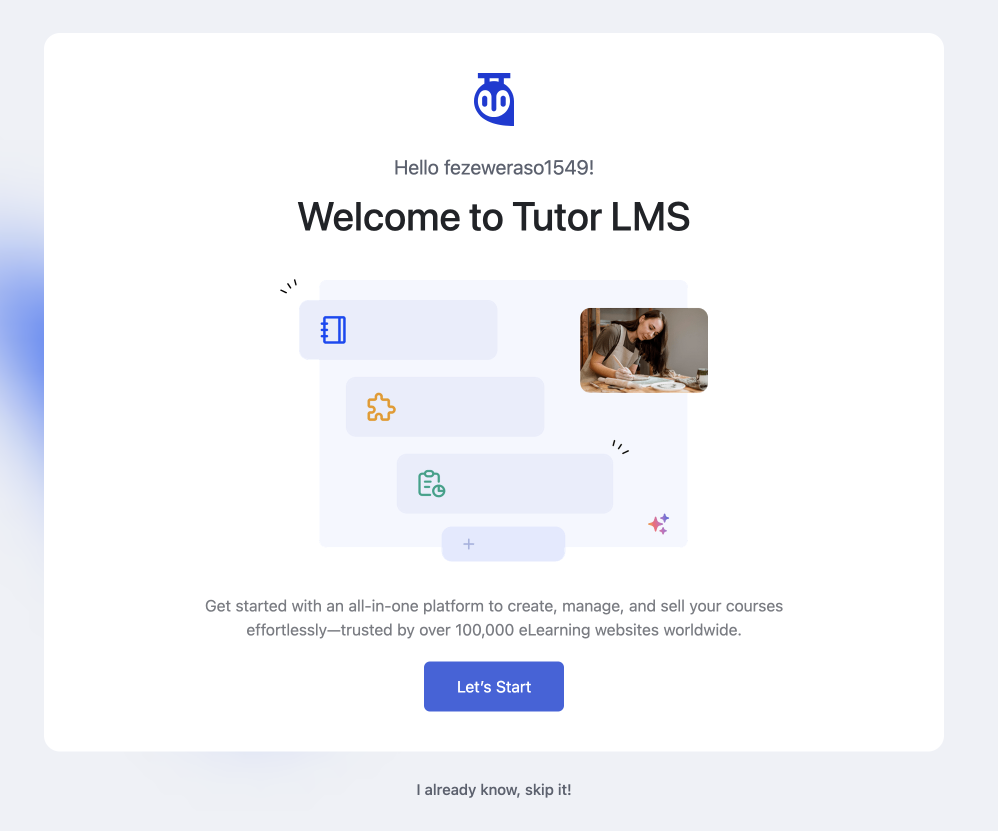 Tutor LMS welcome screen with icons, photo, blue logo, and "Let's Start" button.