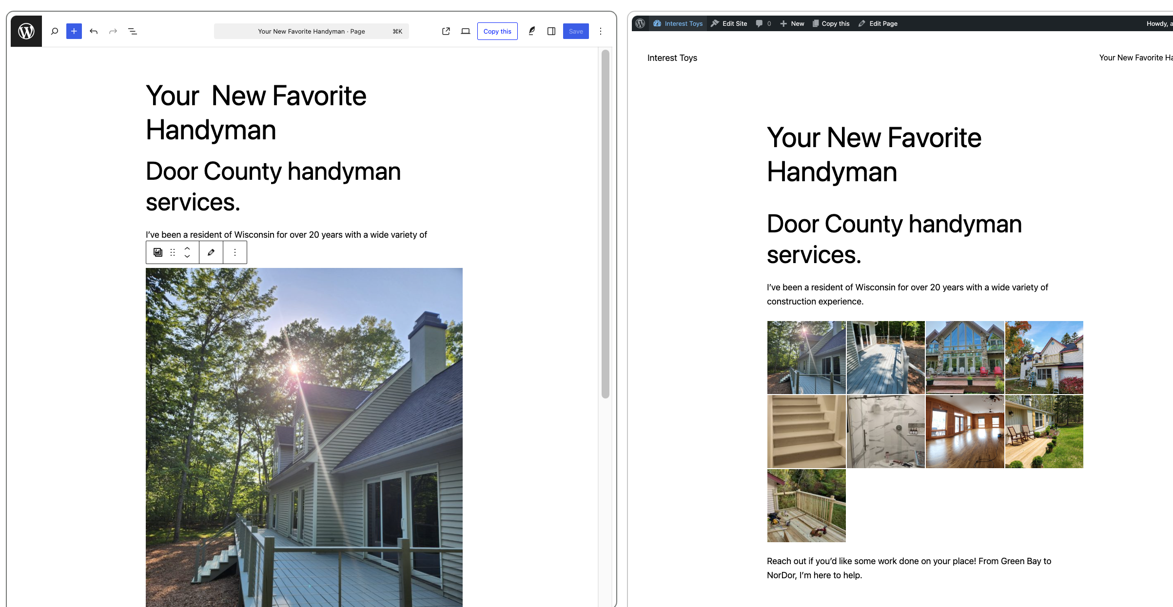 Two webpage drafts showing handyman services with house images and text.