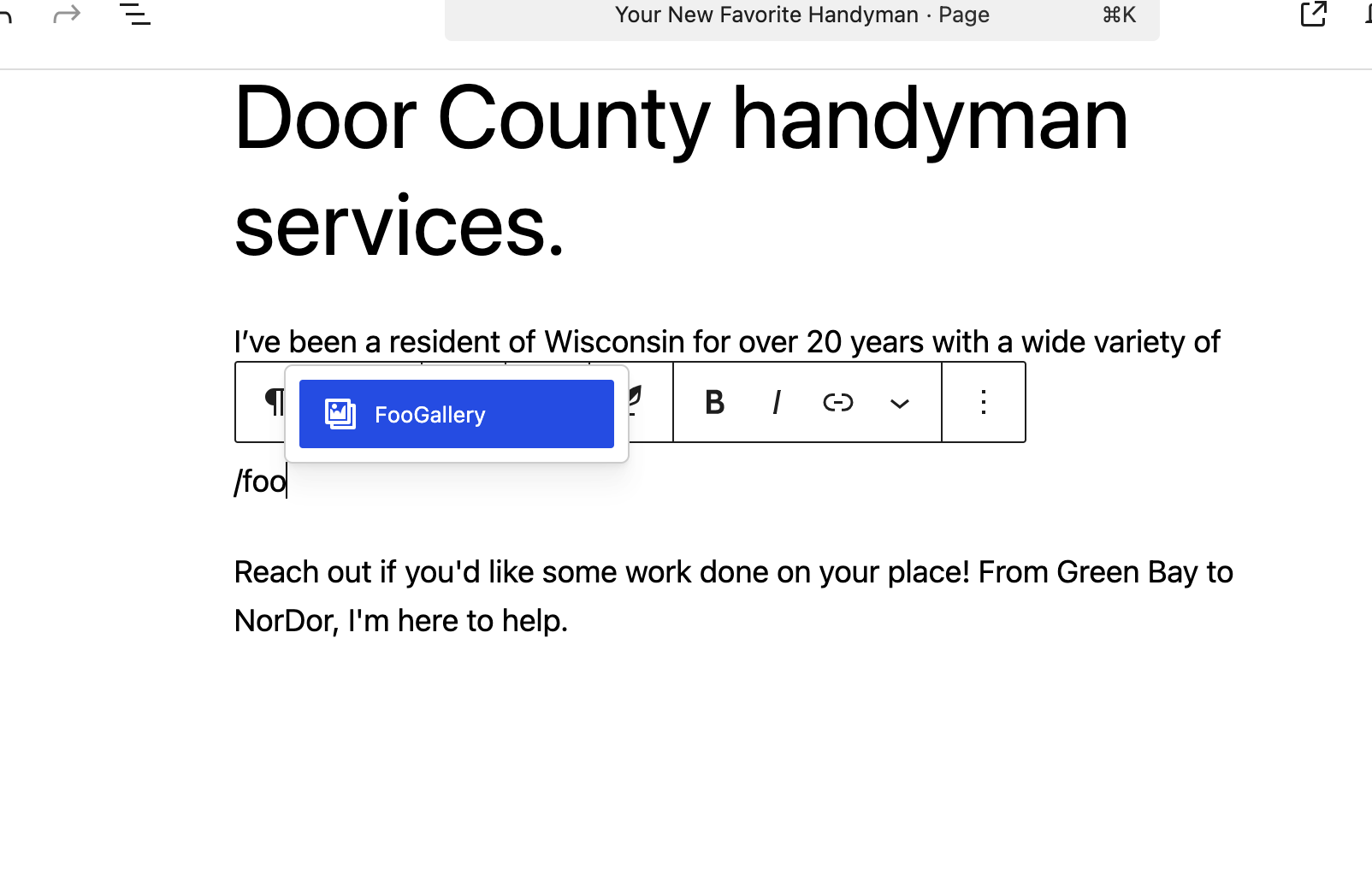 Website screenshot featuring "Door County handyman services" text with blue FooGallery icon.