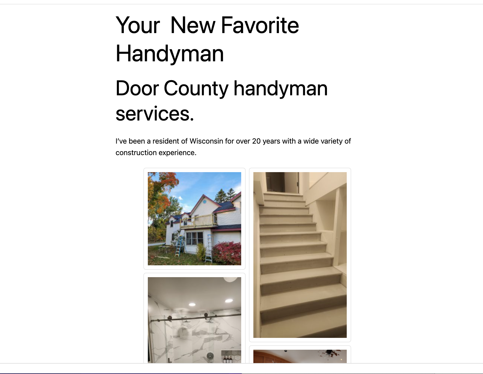 Website screenshot featuring handyman services text, house images, and construction details.
