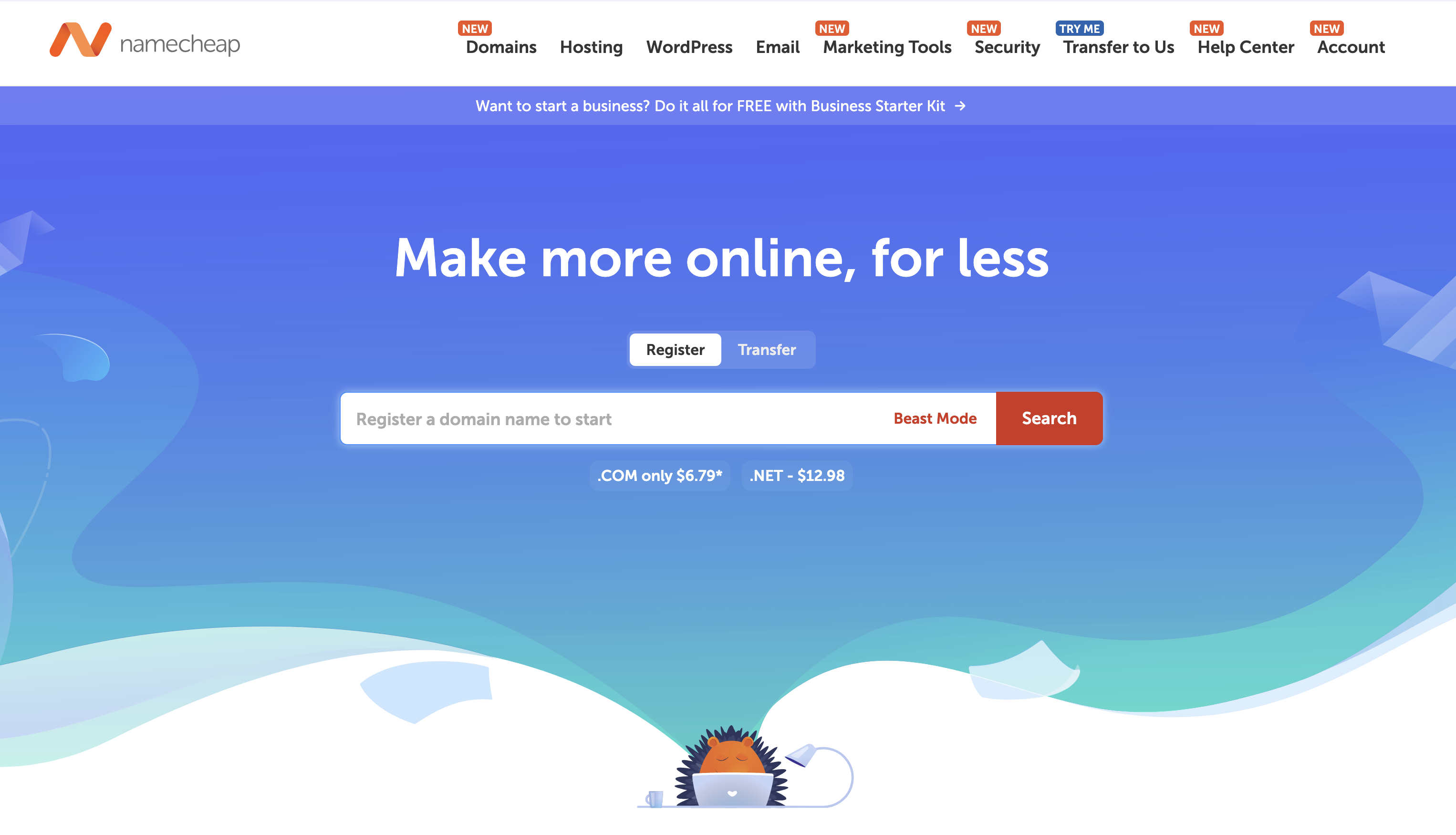 Website screenshot with blue gradient, "Make more online, for less" text, Namecheap logo.